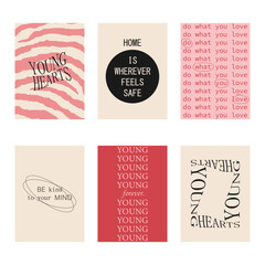 Set of positive social media quotes, motivation posters on trendy abstract background in neutral colors.