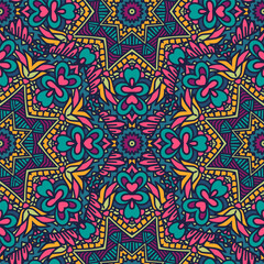 Detailed mandala indian design. Kaleidoscopic seamless pattern ornamental. Ethnic geometric print.