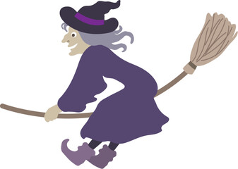 Halloween editable vector illustration element of spooky, cute and fun flying wicked witch in purple dress, enjoying the ride.