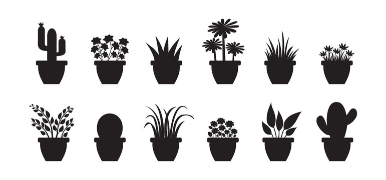House plant pot, black silhouette, home and office flowerpot vector icon, indoor flower isolated on white background. Interior illustration