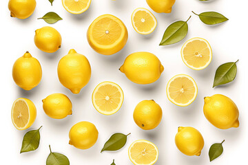 Lemon, lemon slices on white background.Lemons flat top view on with background - obrazy, fototapety, plakaty