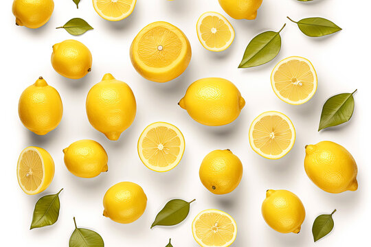 Lemon, lemon slices on white background.Lemons flat top view on with background