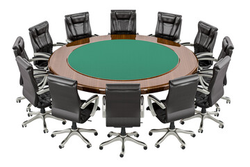 Round table with office chairs around. Government Round Table Meeting, concept. 3D rendering isolated on transparent background