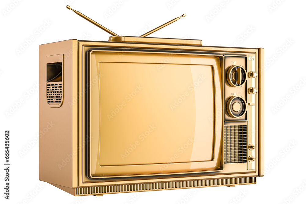 Poster golden tv set, 3d rendering isolated on transparent background