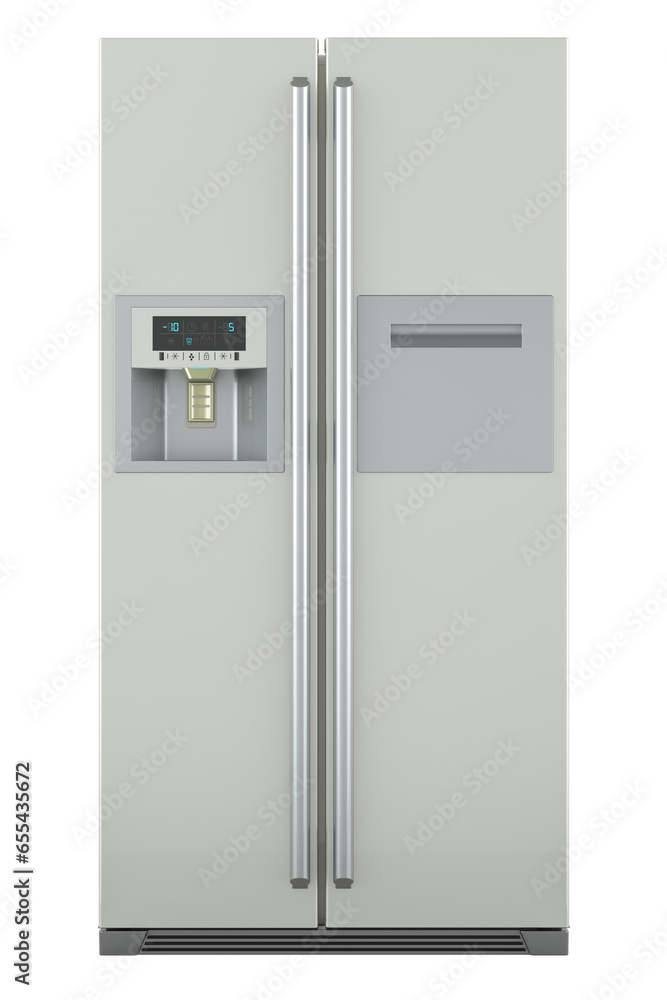 Poster side-by-side refrigerator, fridge with side-by-side door system, 3d rendering isolated on transparen
