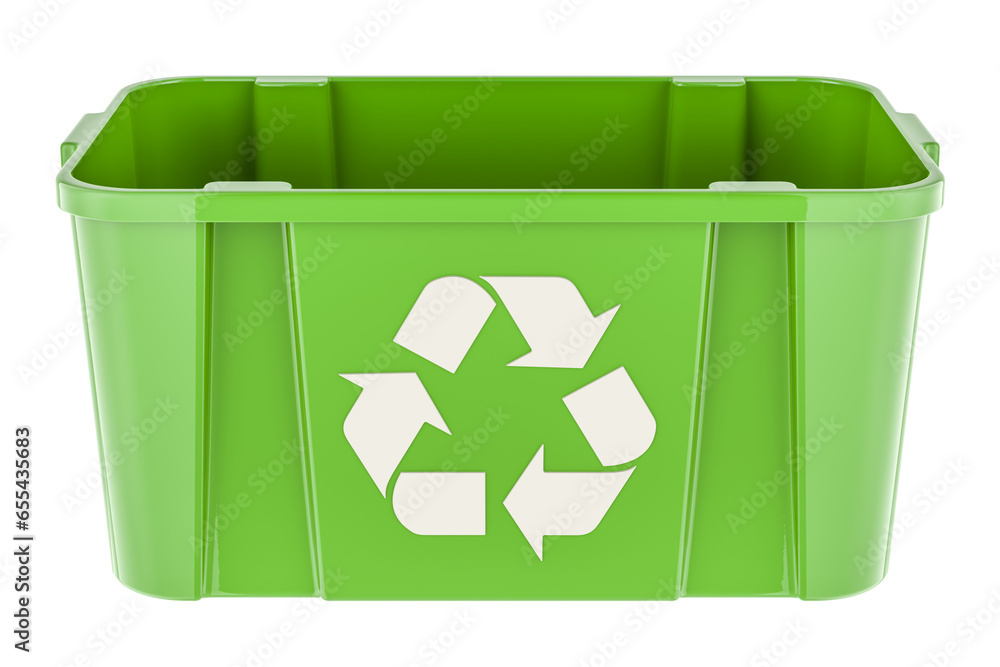 Poster green recycling bin, front view. 3d rendering isolated on transparent background