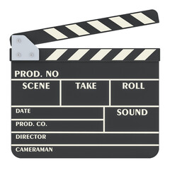 Clapperboard, movie clapper, front view. 3D rendering isolated on transparent background