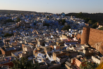 Obraz premium High angle view of Jodhpur, the blue city at sunset. Rajasthan, India