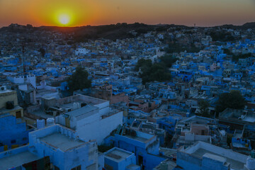 High angle view of Jodhpur, the blue city at sunset. Rajasthan, India
