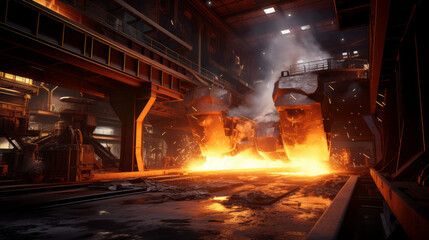 A state-of-the-art steel production mill, shaping molten metal into industrial-grade steel  - obrazy, fototapety, plakaty