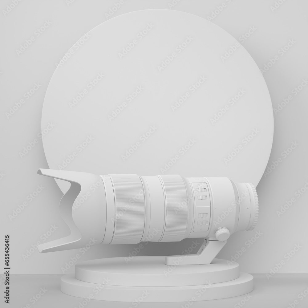 Poster abstract scene or podium with nonexistent dslr camera and lens on monochrome