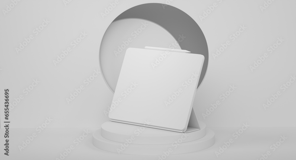 Poster abstract scene or podium with computer tablet with keyboard on monochrome