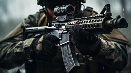 Army soldier holding assault rifle