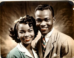 Portrait of a smiling African American couple in retro style. 1950s aesthetic.

