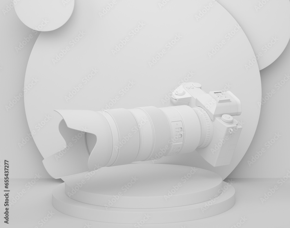 Aufkleber abstract scene or podium with nonexistent dslr camera and lens on monochrome