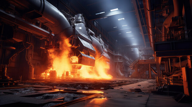 A steel mill with a blast furnace glowing white-hot