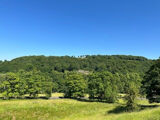 Fototapeta na wymiar Landscape, with green fields, old trees, houses, and a distant forest, set against a blue sky in, Sowerby Bridge, UK
