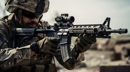 Army soldier holding assault rifle - obrazy, fototapety, plakaty