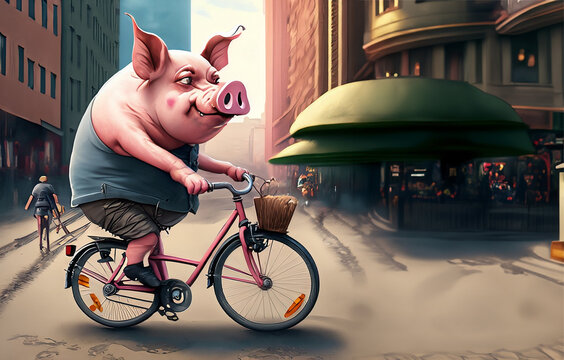 porco a andar de bicicleta