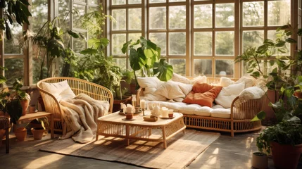 Foto op Plexiglas A sunroom with wicker furniture, indoor plants, and a view of the garden © Textures & Patterns