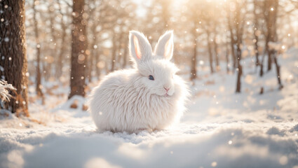 Cute rabbit on a snowy meadow