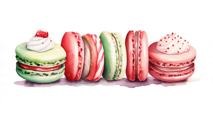 Watercolor Illustration of traditional Home-made Christmas sweets, macaron dessert on white background. Festive decorating the table for Christmas