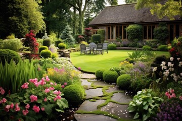 Obraz premium Ornate cottage garden with house in the background