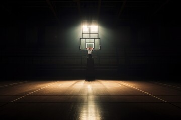 Empty, basketball court illuminated by spotlight above, back board and basketball net