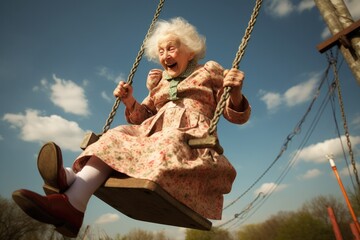 Old lady on the swing, looking happy