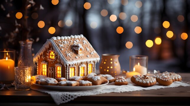 Lebkuchenh&auml;uschen in festlicher Weihnachtsprach. generative KI