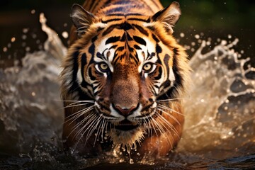 Fototapeta na wymiar Large Siberian tiger running through water towards the camera