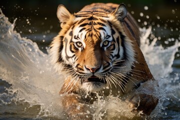 Large Siberian tiger running through water towards the camera