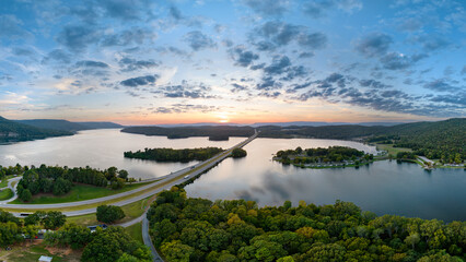 Aerial view above I-24 Rest Area Jasper, Tennessee. Tennessee River, Marion County Park. USA....