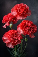 Saturated red carnations on a dark gray studio blurred background.