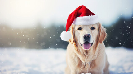 Cute Labrador dog in a Santa Claus hat on a snowy winter Christmas background - obrazy, fototapety, plakaty