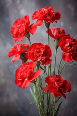 Red carnations on a light gray studio blurred background.