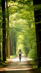 Woman enjoys a serene bike ride through a lush forest in spring. Cycling in nature's tranquility. Concept of wellbeing, leisure and green mobility - obrazy, fototapety, plakaty