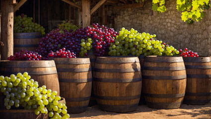 Fototapeta na wymiar barrels of wine, fresh grapes, winery