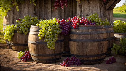 Fototapeta na wymiar barrels of wine, fresh grapes, winery