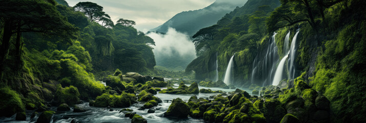 Naklejka na ściany i meble Majestic waterfalls cascading amidst verdant forest an embodiment of natural serenity 