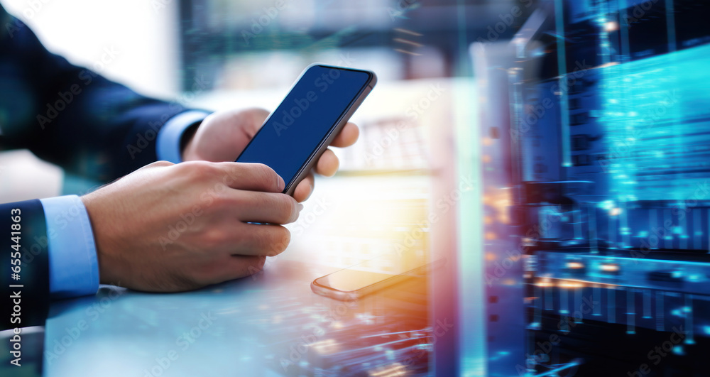 Poster cybersecurity. business people hand working on mobile smart phone with cloud computing network techn