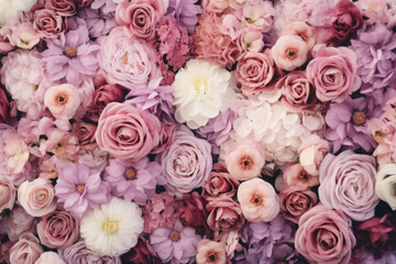 Flowers wall background. Fresh blooming flowers texture in pink colors. Generative AI