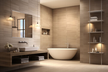 Fototapeta na wymiar Modern bathroom with bathtub and shelves in beige colors. Generative AI