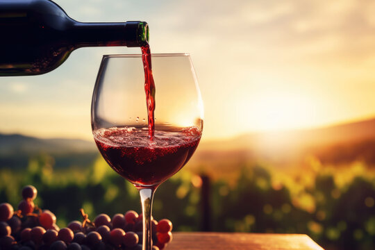 Pouring red wine into glass on vineyard background at sunset. Generative AI