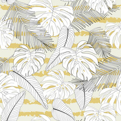 Palm and monstera leaves in a seamless pattern on a light background.
