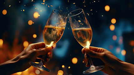 Close-up Two people celebrate Christmas with glasses of champagne during a beautiful fireworks display. - obrazy, fototapety, plakaty