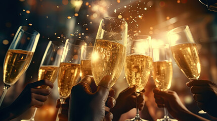 Close-up of a group of people celebrating Christmas with glasses of champagne during a beautiful fireworks display.