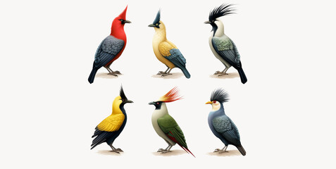 four birds with different colors and feathers