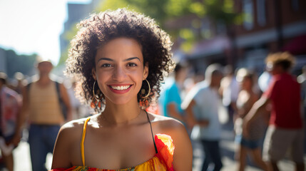 a woman enjoys a lively salsa dancing session in a city square, her joyful expression and the...