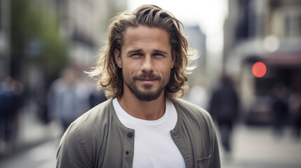 A charismatic man in casual urban attire, skateboarding down a city street, his laid-back attitude and focus on display as he looks at the camera.